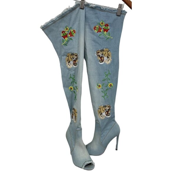 Cape Robbin Denim Tiger Boots Denim 9M 9 Medium Embroidery Fringe Knee High S5 - Picture 2 of 12